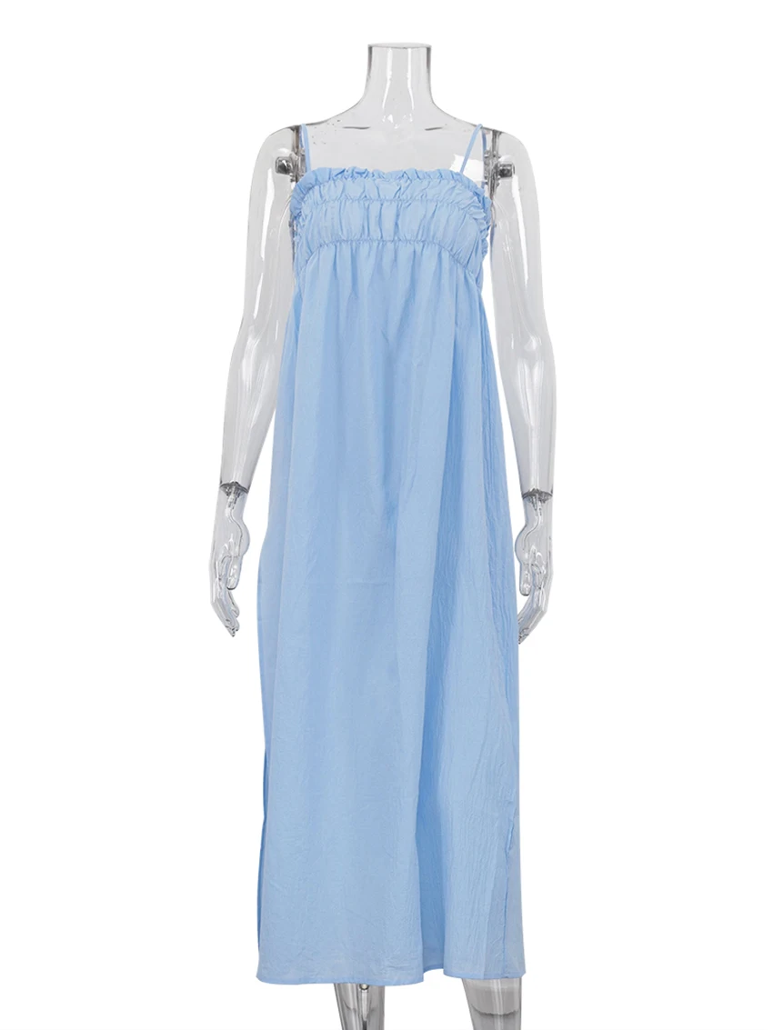 Marthaqiqi Blue Ladies Sleepwear Sexy Split Pajamas Spaghetti Strap Nightwear Backless Nightgowns Casual Mid-Calf Dress Pyjamas