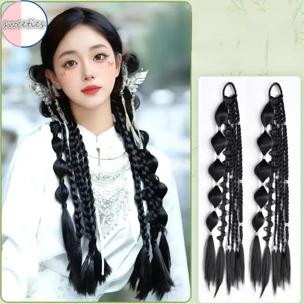 1pcs/set Lady's Wig Chinese Style Long Braid Wig Butterfly Tassel Simulation Bubble Ponytail Hair Extension Temperament Hairstyl