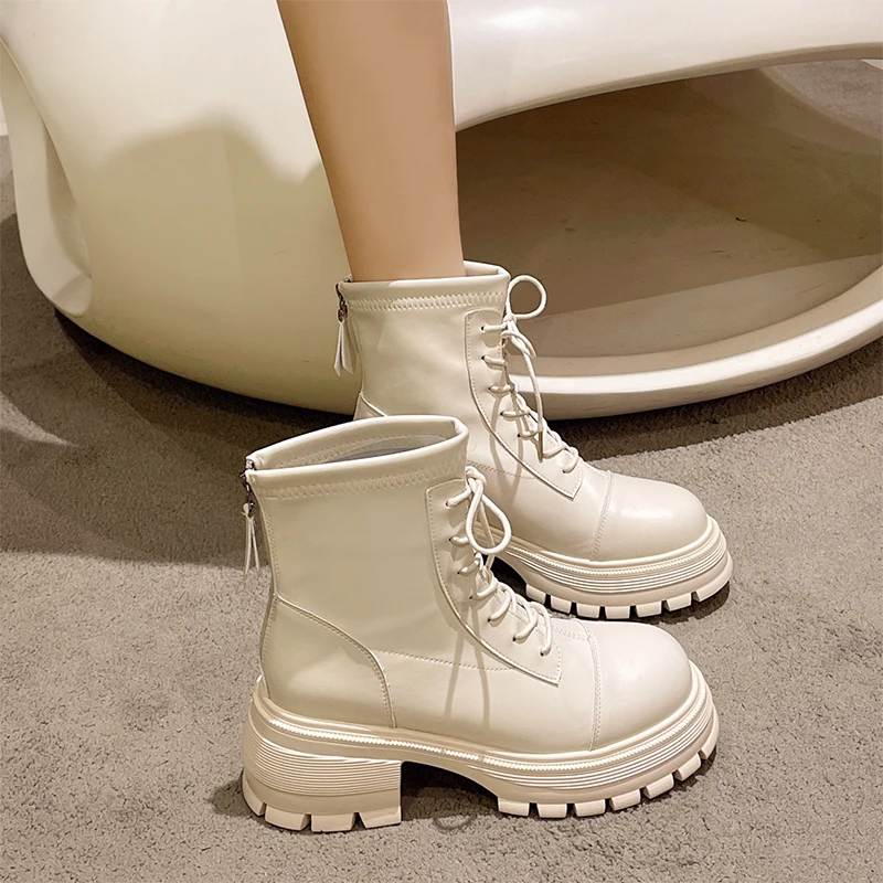 Platform datar sepatu bot pergelangan kaki sepatu wanita 2024 baru musim dingin wanita Chelsea sepatu Fashion kasual sepatu Lace-Up ritsleting Chaussures Femme