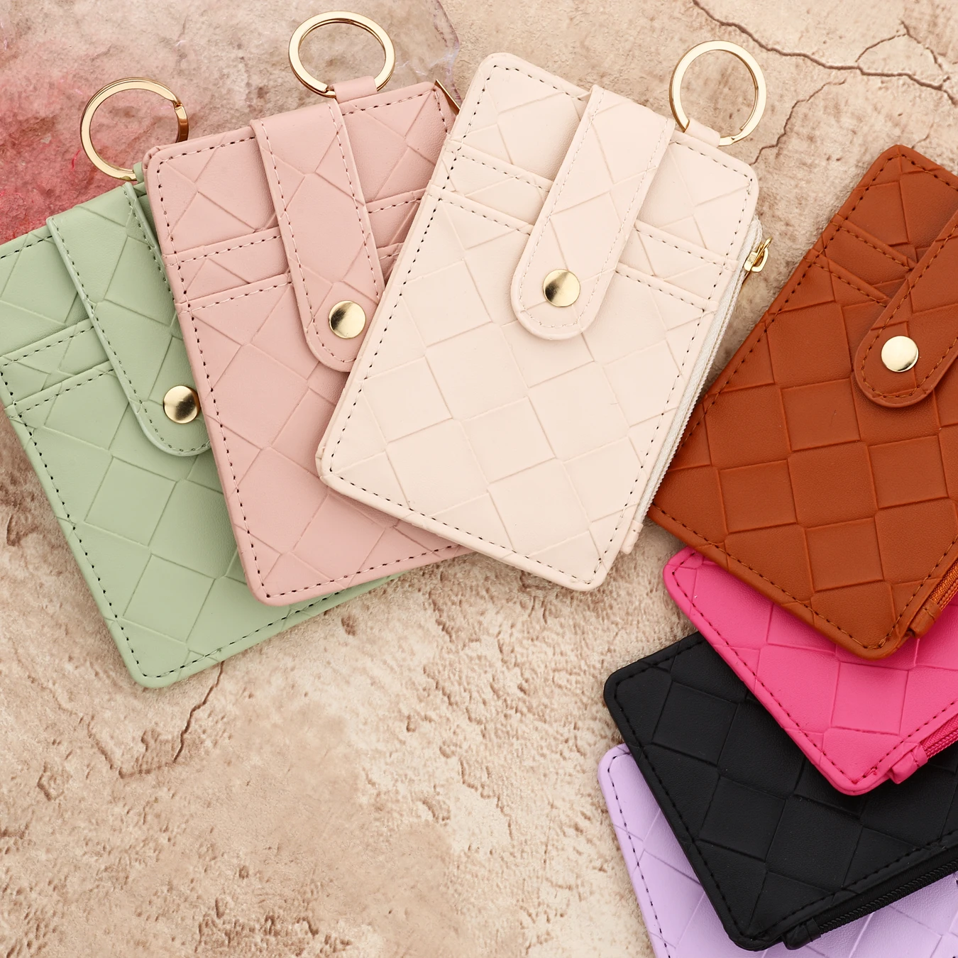 2025 New Arrival PU Leather ID Credit Card Holder Wallet with Wristlet Bangle Silicone Bead Tassel Card Holder Leather Keychain