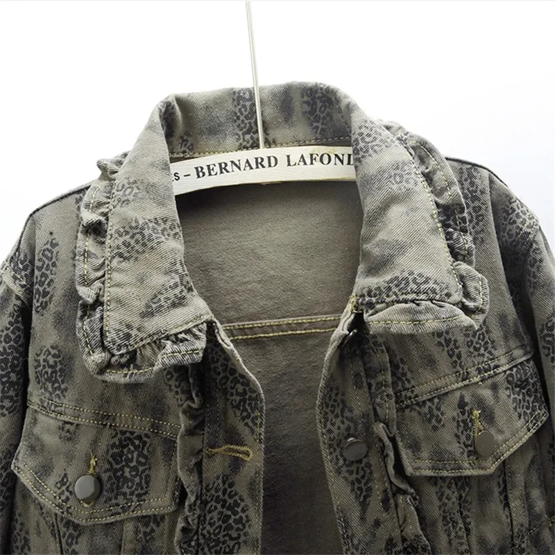 

Ruffles Leopard Print Pocket Denim Jacket Women Cowboy Outerwear Chaquetas Mujer Spring Autumn Loose Short Jeans Jacket Female