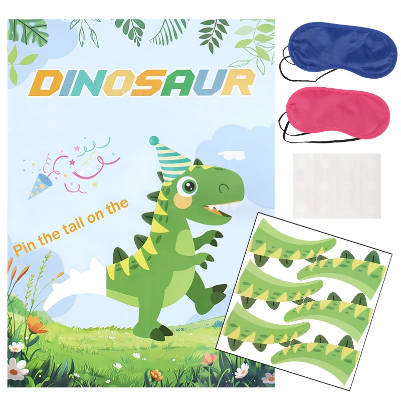

1set Pin the Tail on the Dinosaur Cute Cartoon Dinosaur Poster Blindfolds Tail Stickers Kids Themed Birthday Party DIY Game Prop