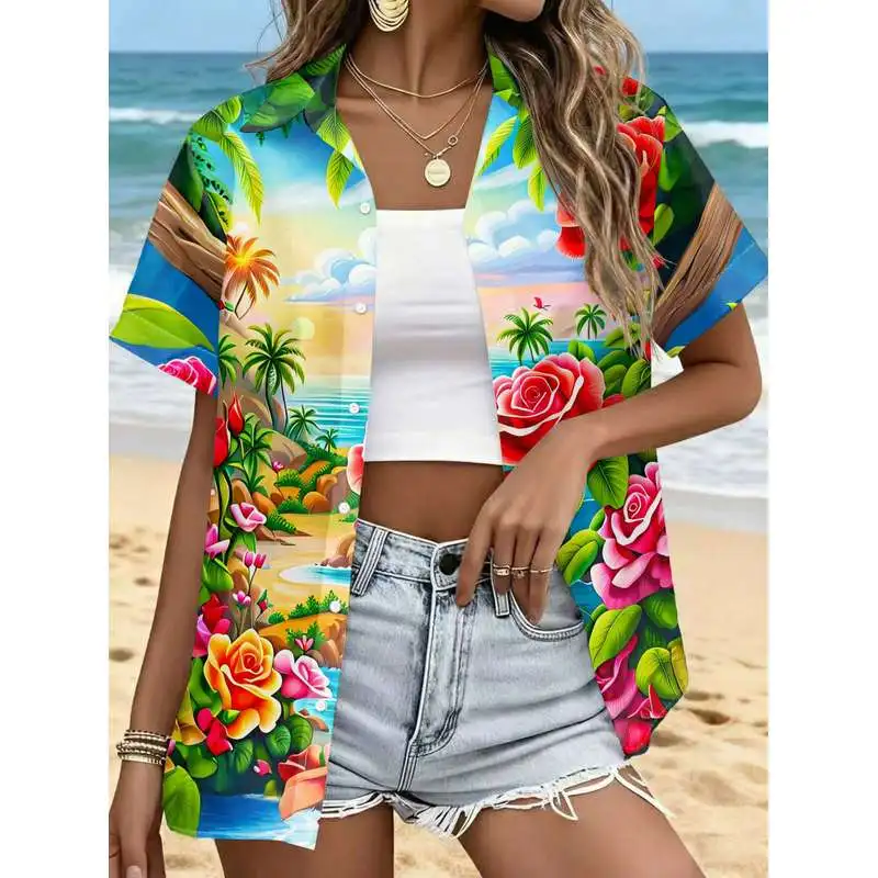 Women Casual Short Sleeve Floral Shirt Tropical Scenery Pattern Button Up Top Sea River Print