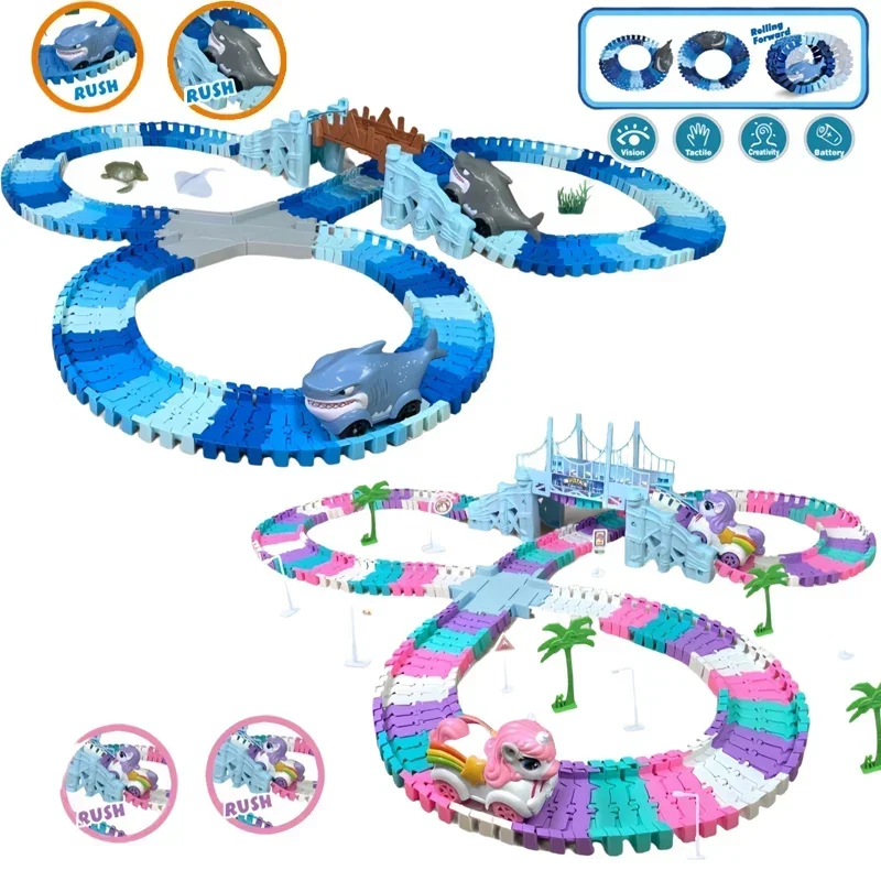 

DIY Assembly Children's Shark & Unicorn Track Cars Card Slot Challenge Raceway Educational Toy Birthday Gift for Boys And Girls