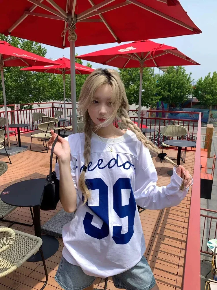 

Deeptown White Letter Digital Print Women's T-Shirts Oversized Long Sleeve Round Neck American Style Tees Loose Basic Casual New