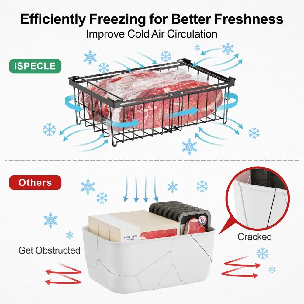 Large Adjustable Hanging Baskets Stackable Metal Freezer Organizer Bins 3 Pack Fit 17.7-23.2 Inch Chest Freezer Orderly Sort