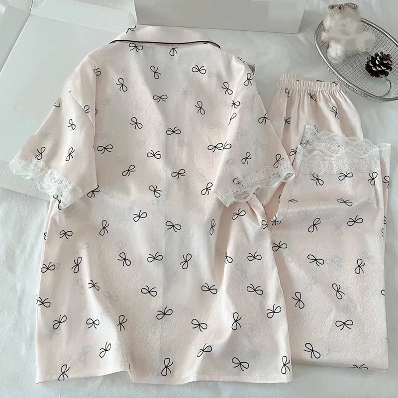 Sweet Bow Dtie Print Women's Pajamas Set Lace Design 2026 Summer New Pajamas Set Harajuku Style Casual New Sleepwear HomeWear