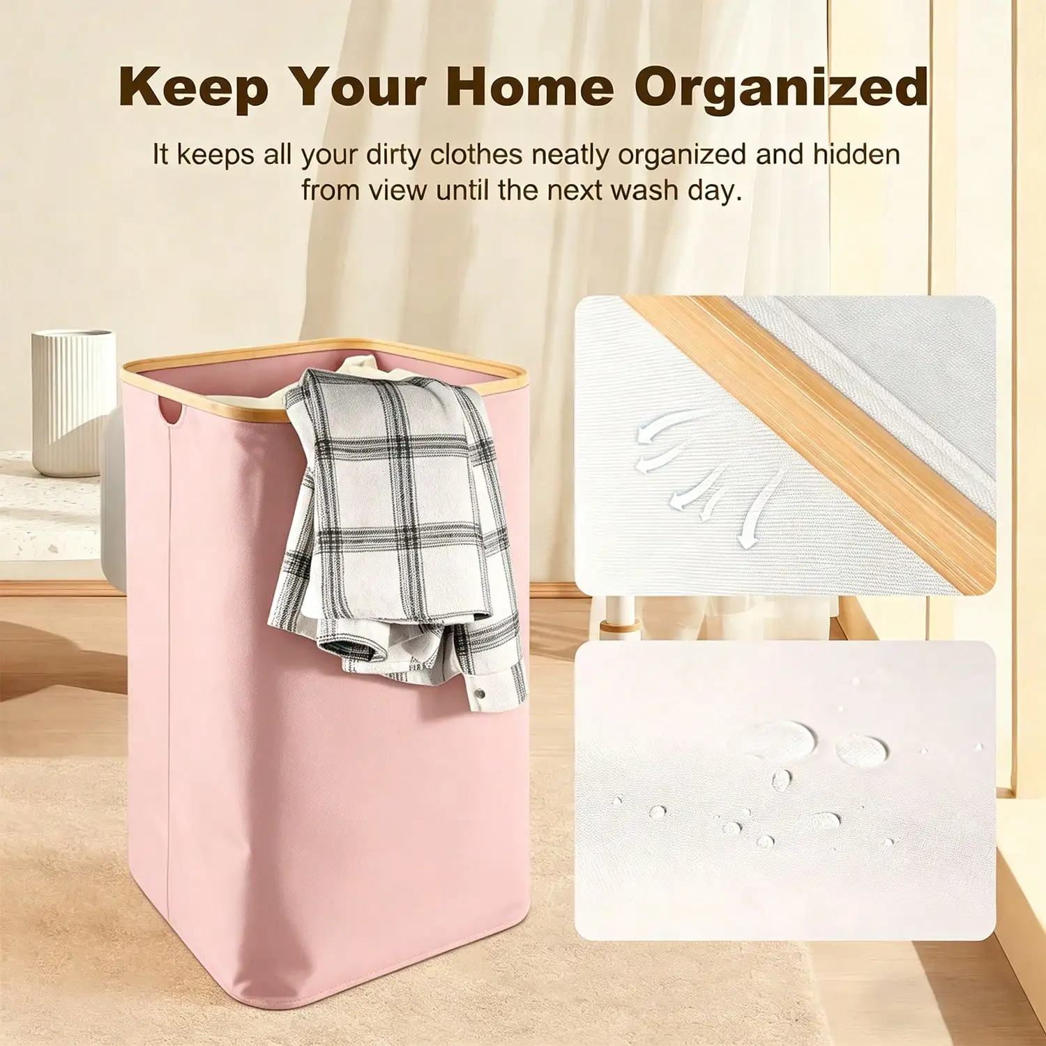 Laundry Hamper With Lid Cover - Sturdy Tall Bamboo Laundry Basket Clothes Organizer - Aesthetic Bedroom Fabric Bin - Big Bathroom Dirty Clothes Hamper - 100 Liters - Beige Vegetable Basket