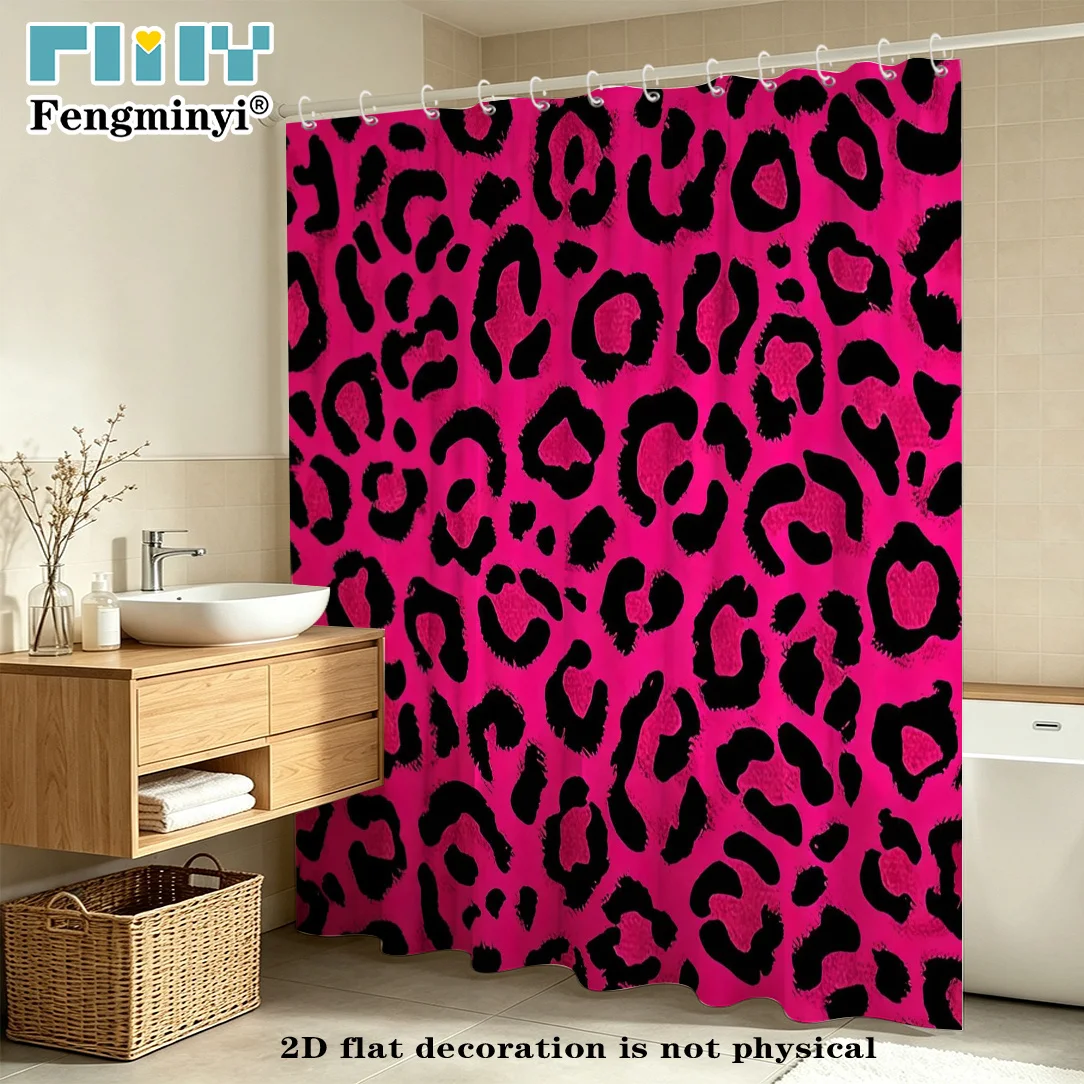 2D Flat, 2D Flat, 2D Flat Shower Curtain 1pc, Abstract Geometric Bath Curtain, Polyester Fabric, Painted Pink Leopard Print Bold