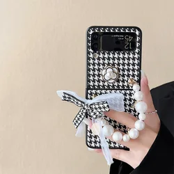 Black and White Check Pearl Camellia phone case for Samsung Galaxy Z Flip 3 4 5 Flip folding screen portable chain phone case