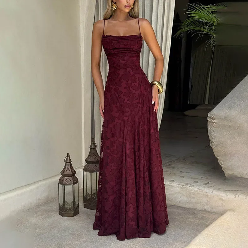 New Sexy Sleeveless Backless Boho Dress Elegant Jacquard Crochet Lace Prom Dresses Summer Solid Slash Neck Embroidery Long Dress