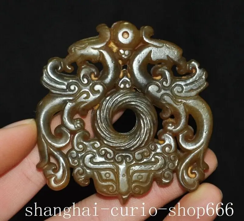

2.6 inch ancient Chinese dynastic jade engraved phoenix bird beast face yubi jade bi-Natural materials