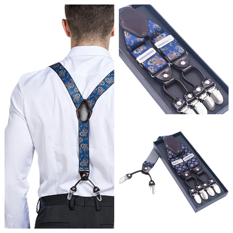 3.5CM Men's  Suspenders 6 Clips Leather Vintage Suspenders for Men's Suit Pants Adjustable Y-Shaped Straps Box Packing B0803