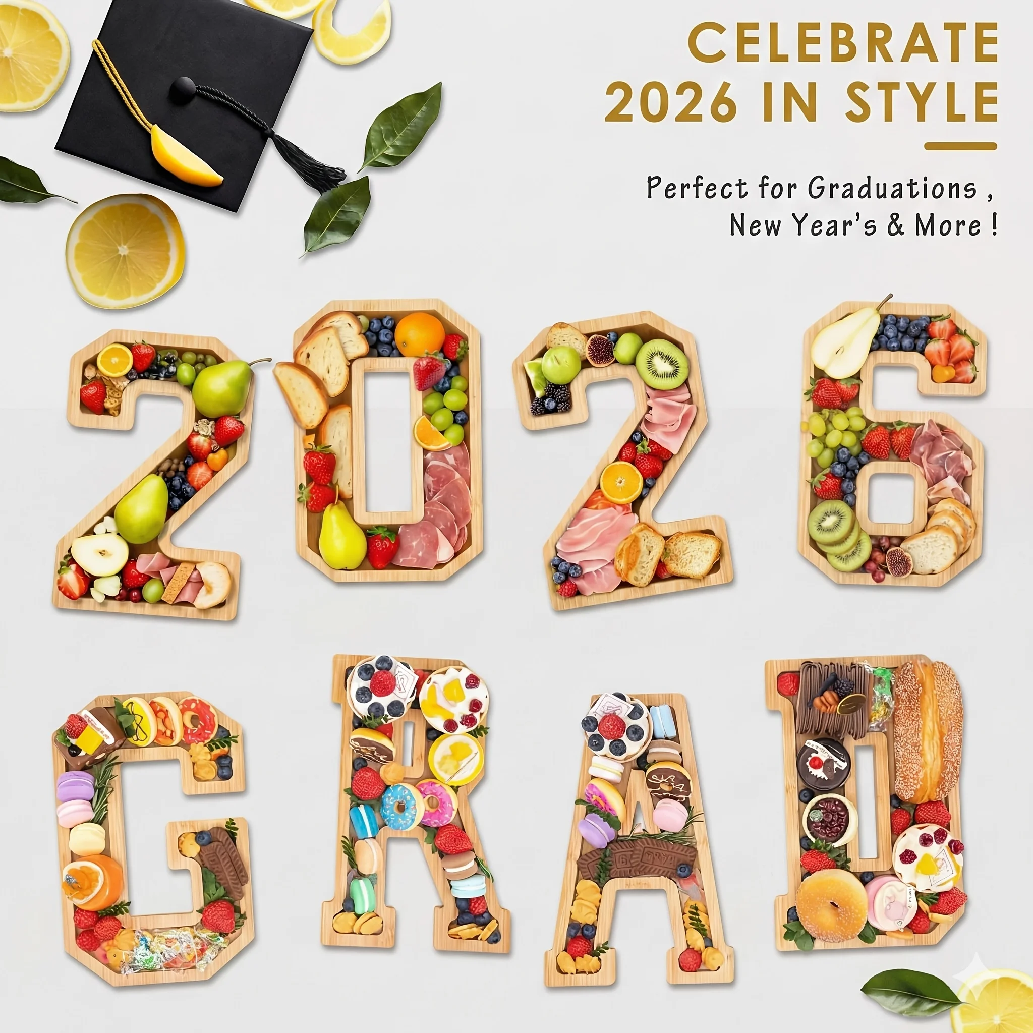 

4pcs Wooden Graduation Decorations Number Charcuterie Board Box-(with 14 Balloons) 2026 GRAD Charcuterie Numbers Fillable Food G