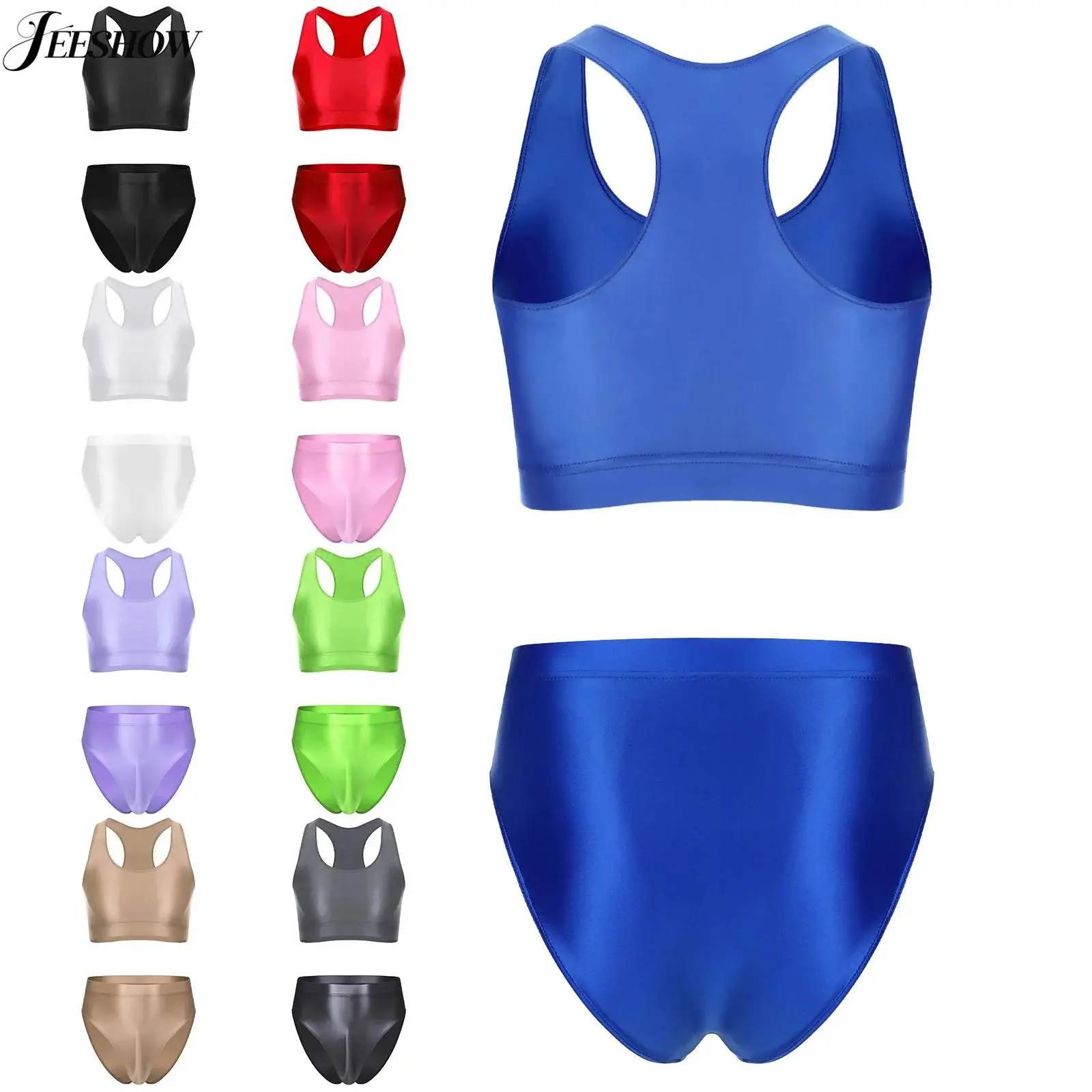 Mens Glossy 2 Piece Workout Fitness U Neck Crop Top Undershirts with High Waist Briefs Swimwear  Bathing Suit Athletic Sportwear