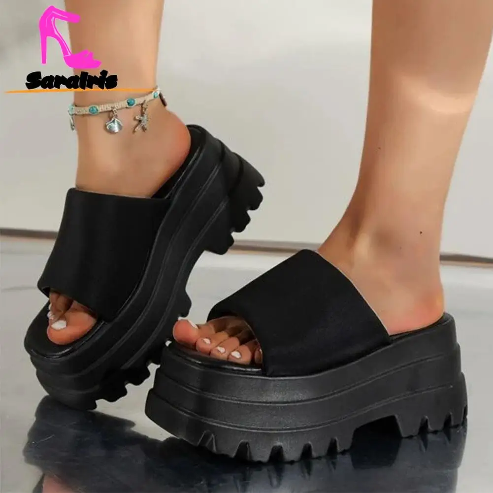 Zapatillas de plataforma de nailon para mujer, zapatos de tres partes inferiores, cómodos, sencillos, Color negro, para caminar en la oficina, Verano