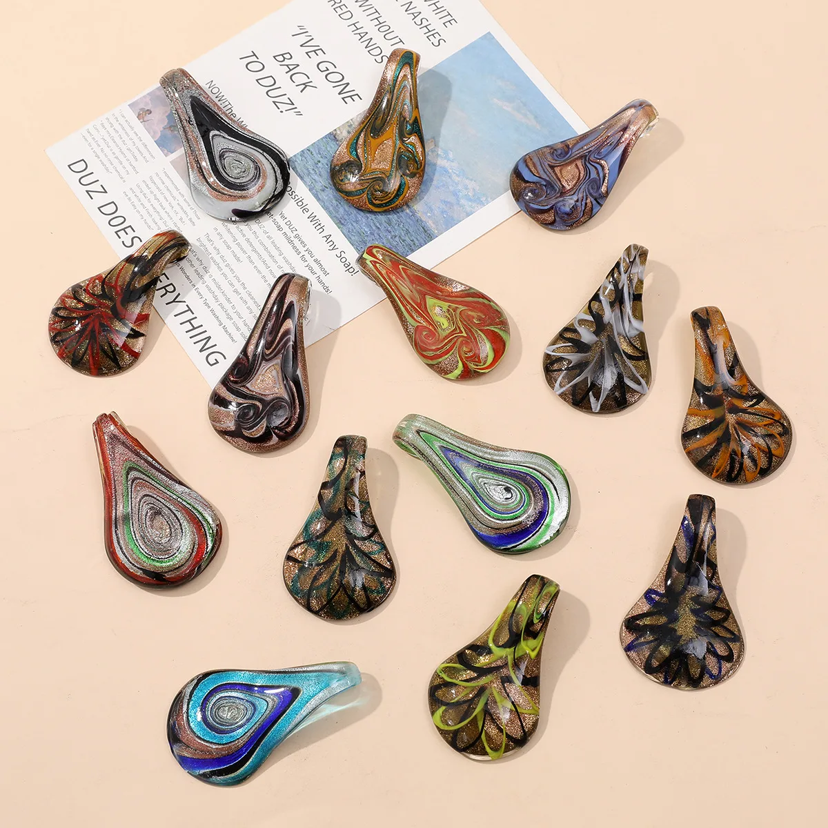 New Handmade Murano Lampwork Glass Colorful Leaf Necklace  Jewelry Chinese Style Water Drop Shape