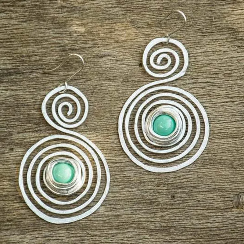 KSRA 2024 New Tribal Ethnic Spiral Blue Stone Earrings for Women Bohemia Jewelry Silver Color Multi layer Circle Earring