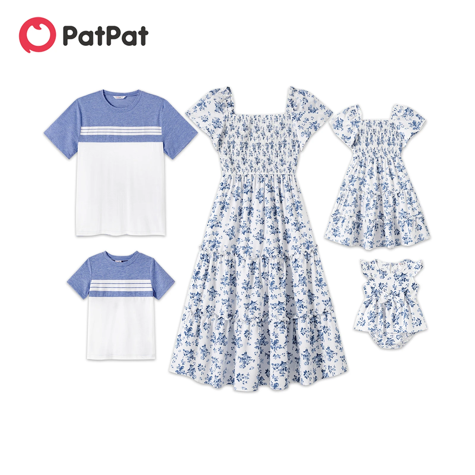 PatPat Family Matching Outfits Allover Floral Print Shirred Tiered Dresses and Short-sleeve Colorblock T-shirts Sets