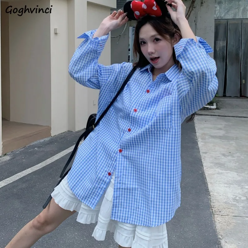 

Women Shirt Plaid Chic Long Sleeve Embroidery All-match Young Age-reducing Casual Ins Popular Sun-proof Autumn Students Ulzzang