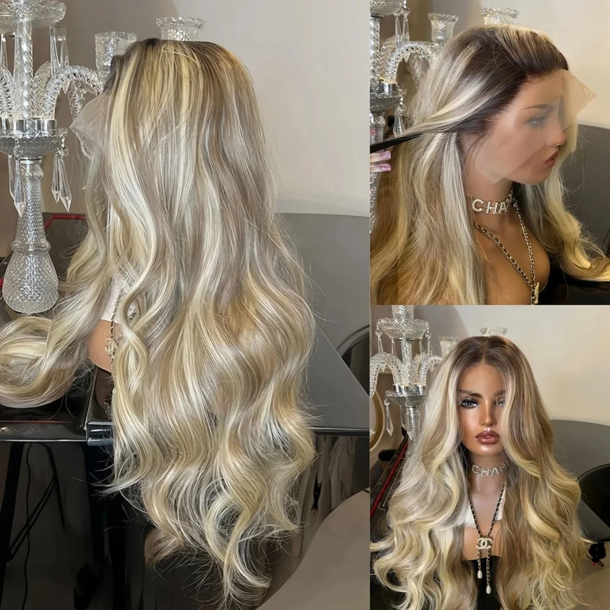 Highlight Ombre Golden Ash Blonde Lace Front Wigs Body Wave Lace Frontal Wig 13x4 HD Heat Resistant Synthetic Fiber Hair Cosplay