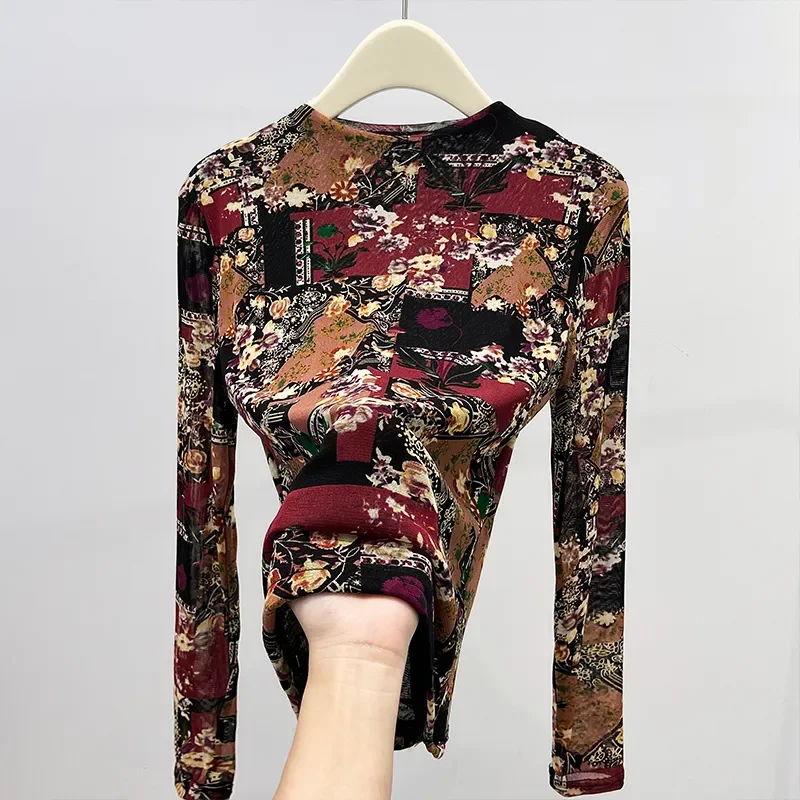 

Gaogui 2025 New Ethnic Style Long-sleeved Stand-collar Slim Mesh Bottoming Shirt