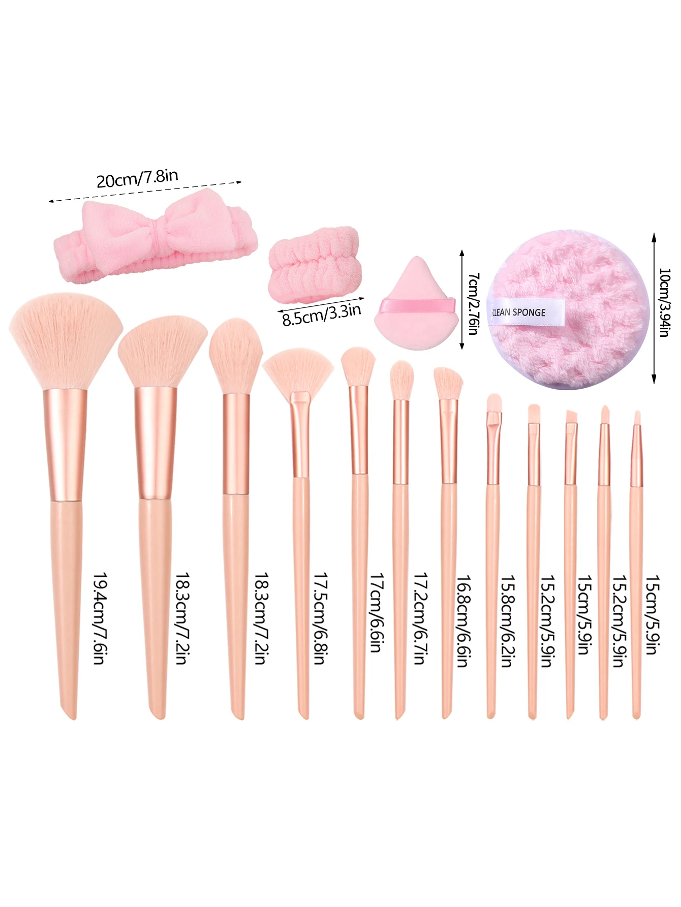 18個入り多目的メイクブラシセット＆ソフトヘアバンドリストバンド、丸型パウダーパフ＆ノンスティック扇形パウダーパフ