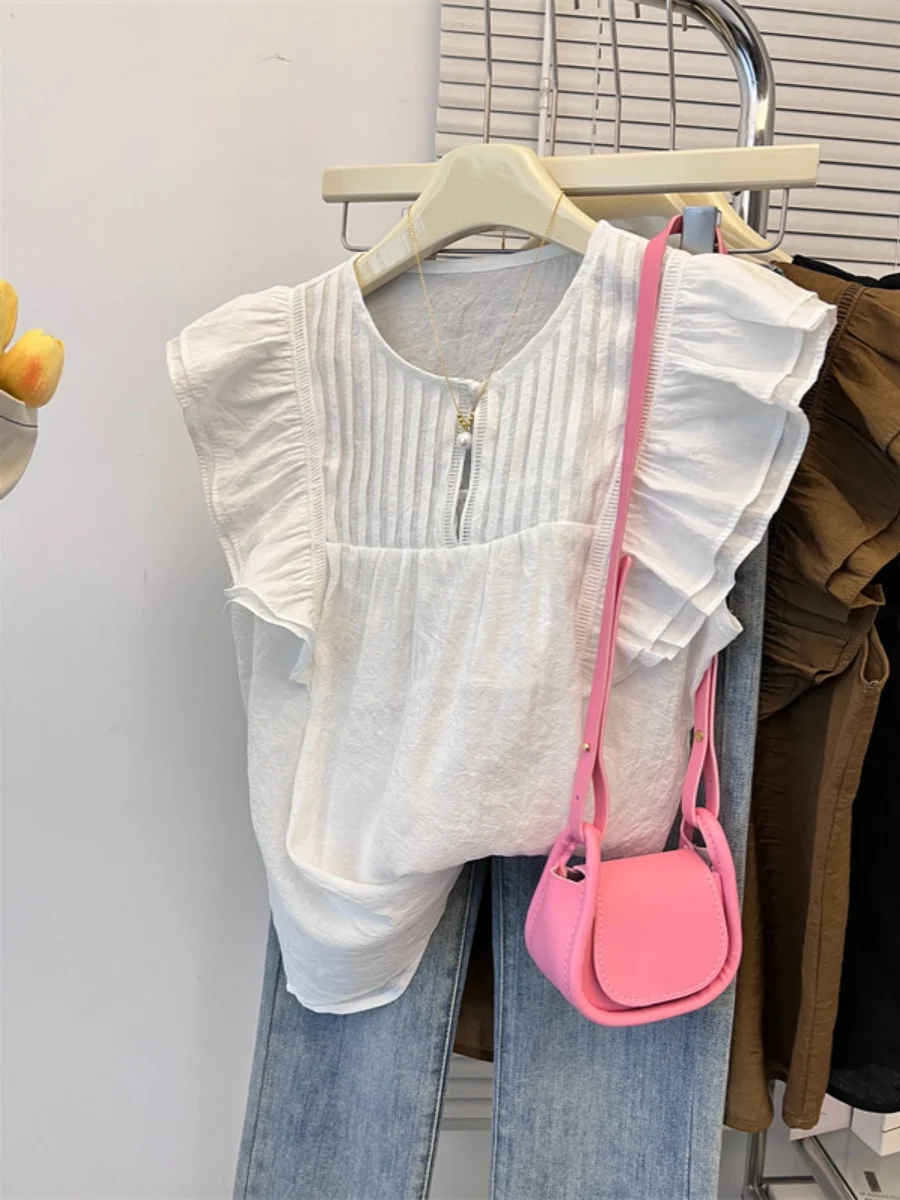 

Fce Svel Women's T-irt Summer New Design Beautiful Small irt Lace Trim Korean Sle round Ne Loose Fit Top