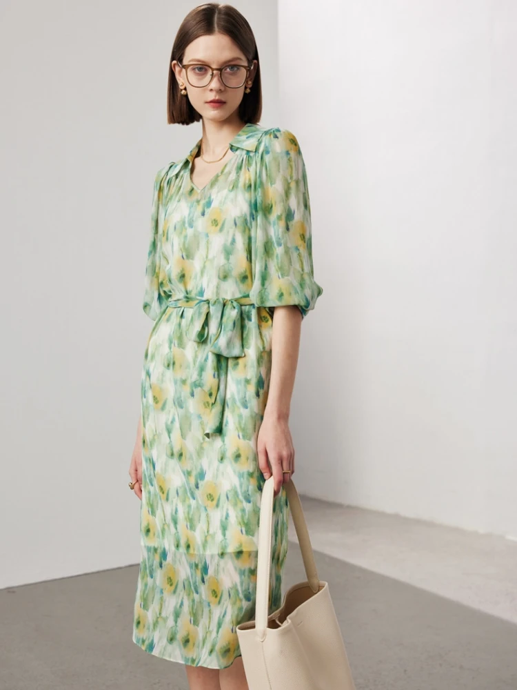 Birdtree, 100% Real Silk Print Soft Dress, Women's Qiaoqi Translucent Lapel Dresses, Two-piece Set, 2026 Spring New D61820JF