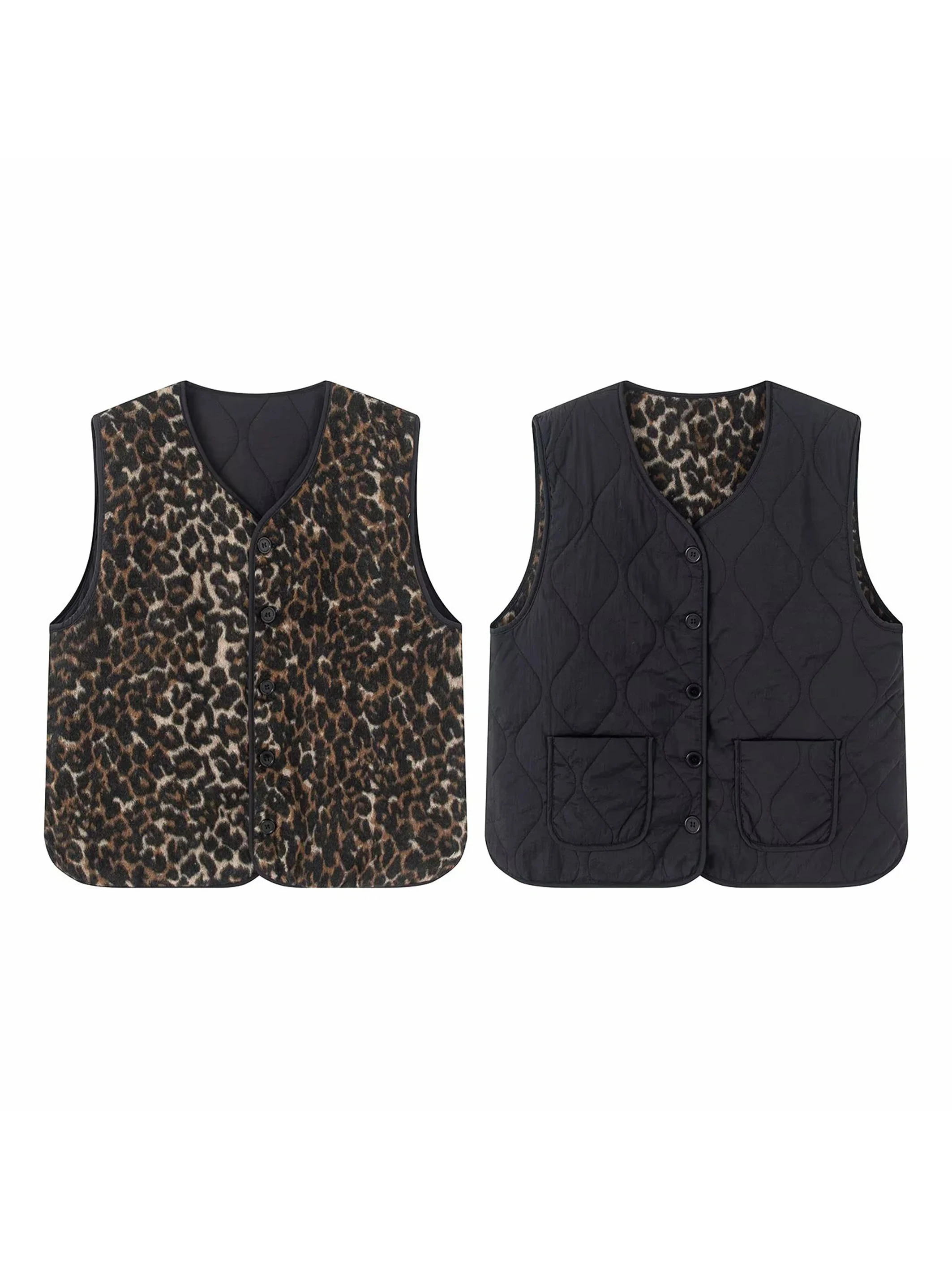 

Women New Reversible Thickened Leopard Print Vest Warm Winter Coat Casual Business Style V-Neck Single-Breasted Vest