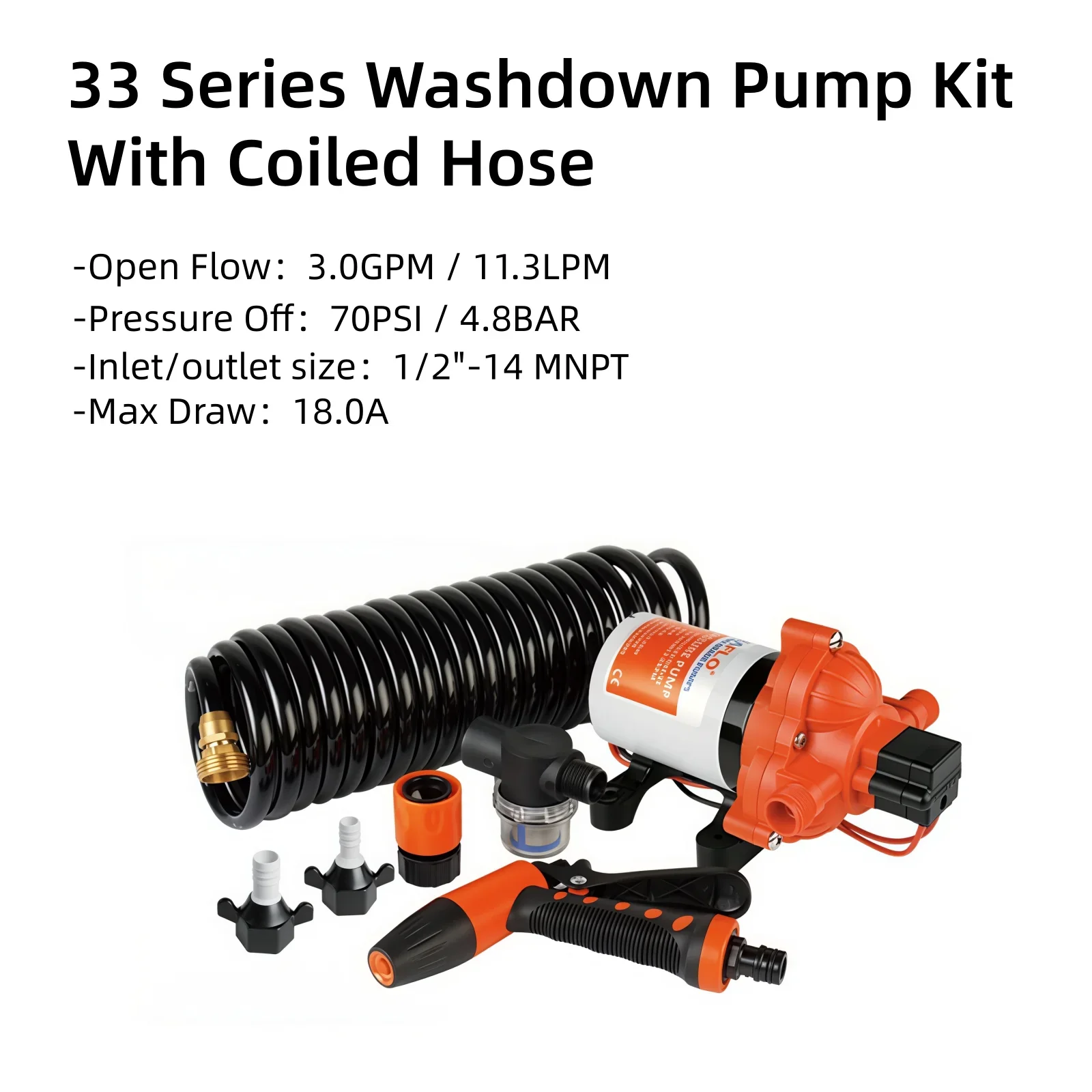 for SEAFLO 33 Series 3.0GPM 70PSI 12V Washdown Pump Kit With Coiled Hose Marine Boat Accessories Showers for RV Caravan