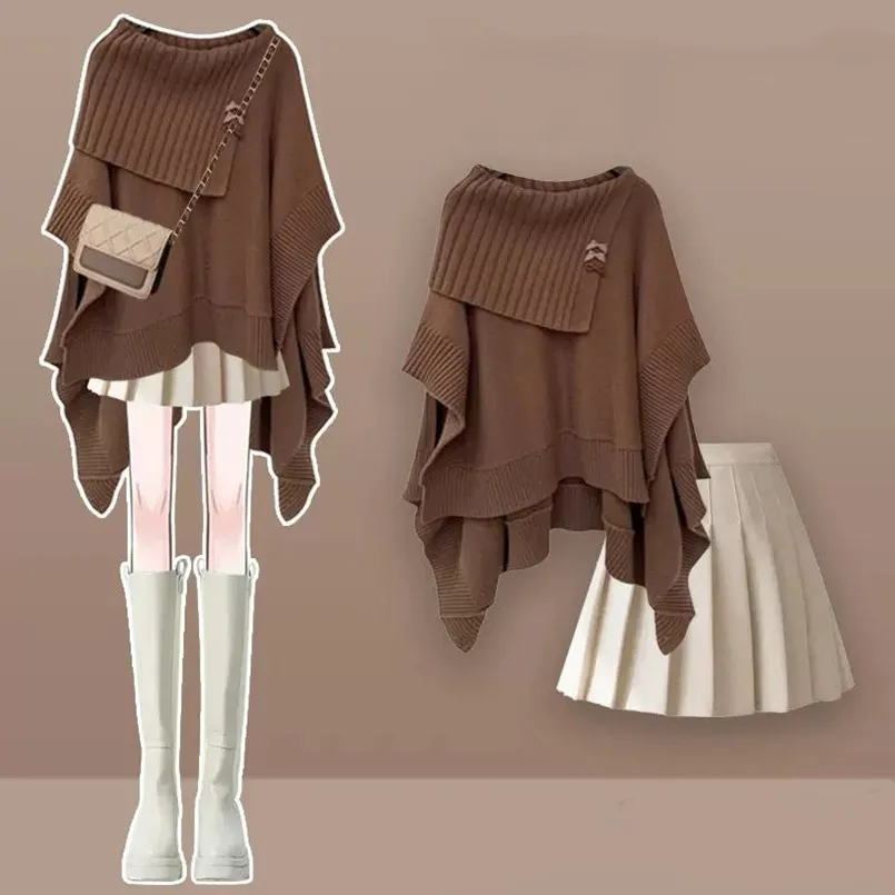 Autumn Gentle Style Wearing Women's 2024 New Korean Edition Lazy Knitted Top Temperament Pleated Short Skirt Two Piece Set