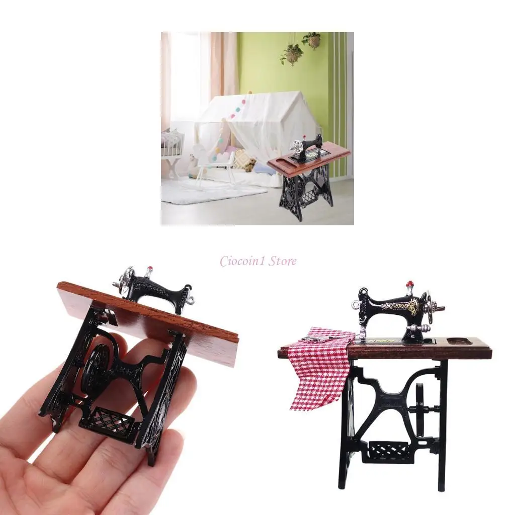 Y1UB Miniature Crafting Set With 1/12 Scale Sewing Machine And Scissors For Dollhouses Enthusiasts Scene Display Accessories