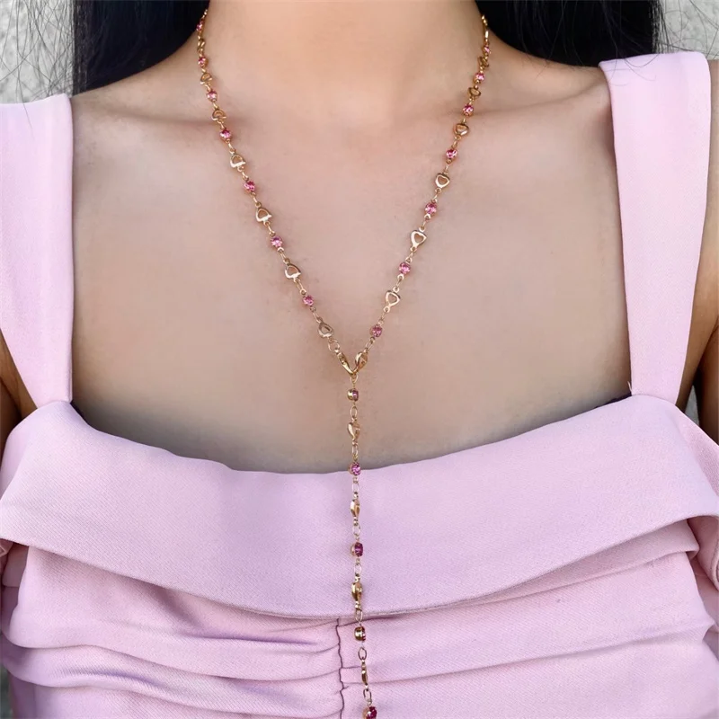 

Trendy Pink Zircon Heart Y shape Long Tassel Necklace for Women Colorful Crystal Charm Sweater Chain Elegant Party Jewelry Gift