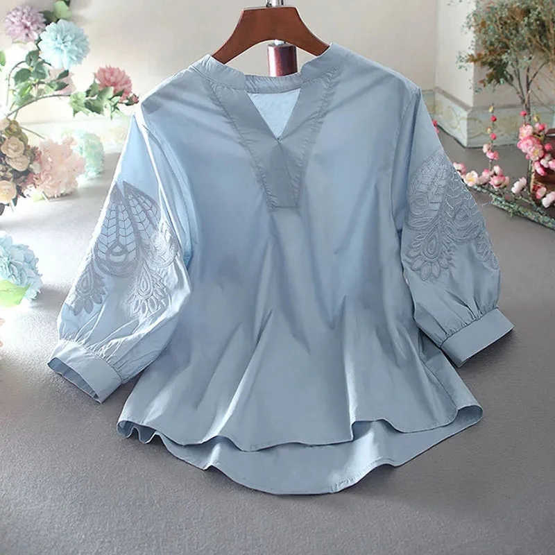 

Korean Fashion Oversize Shirts Women Elegant Lantern Sleeve Blouses Blue Loose Summer Tops V-Neck Lightweight Casual