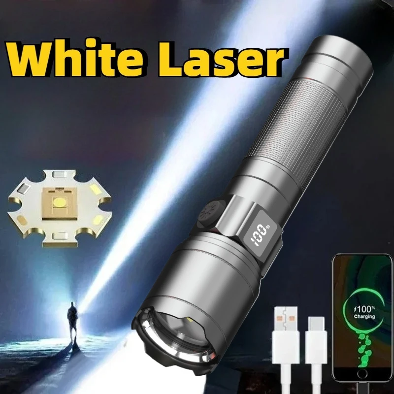 

Ультра-яркий светодиодный белый лазерный фонарик, перезаряжаемый масштабируемый фонарик с цифровым дисплеем, уличный водонепроницаемый фонарь для рыбалки