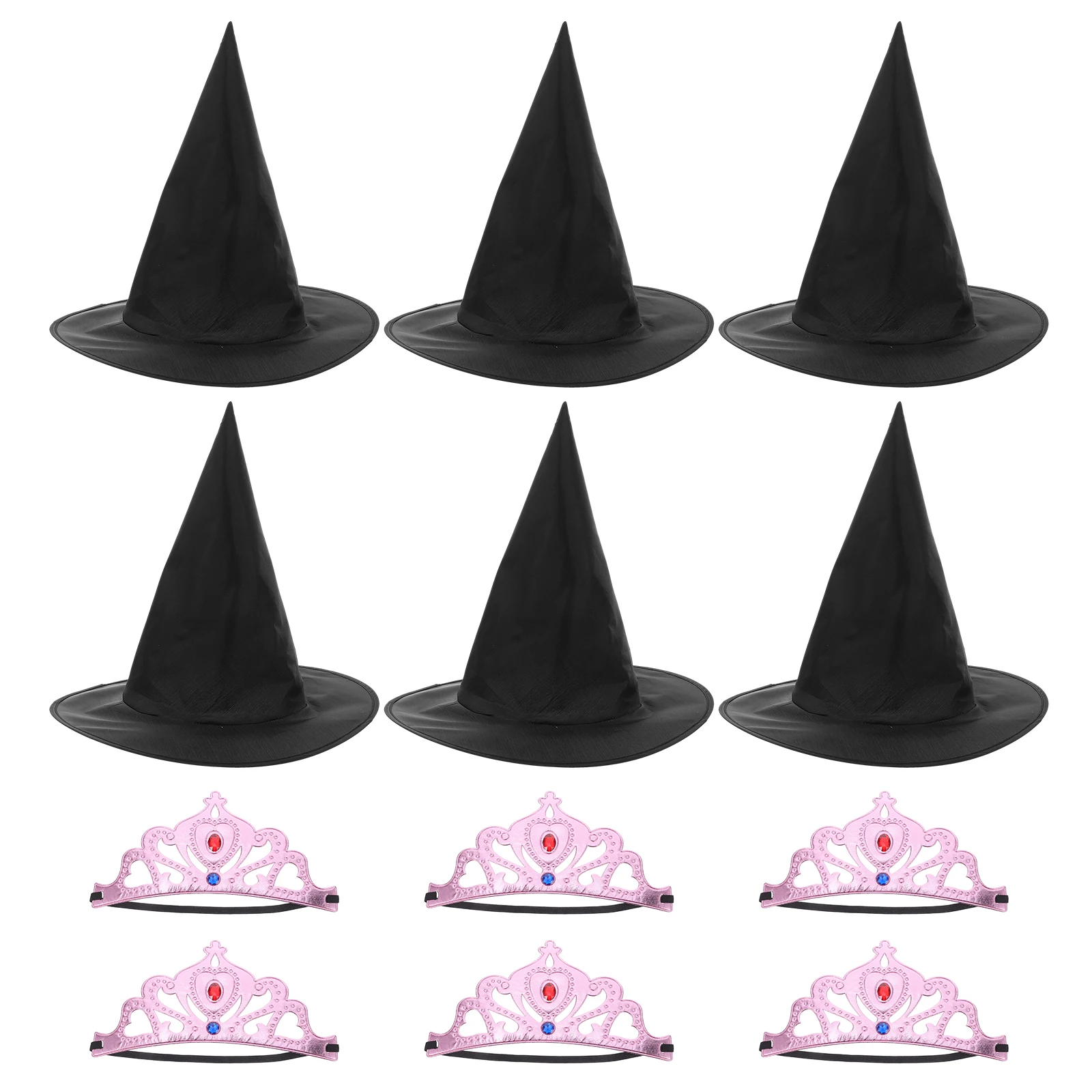 

1 Set Princess Crown Witch Hat Set Soft Pink Crowns Black Wizard Hats Birthday Party Favors Cosplay Accessories Decorations