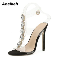 Aneikeh Sweet Style Rhinestone Decoration Pointed Toe Thin Heel Women Party Shoe Fashion PVC Ankle Buckle Strap Sandal