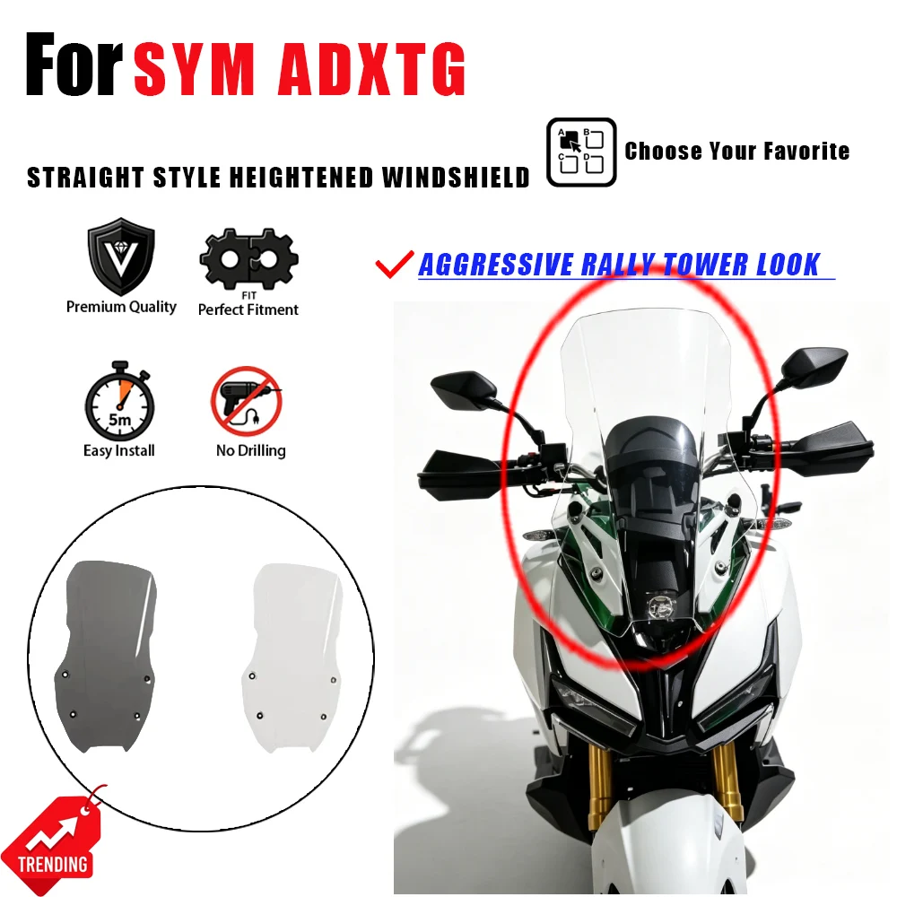 Para Motocicleta SYM ADXTG 400: Para-brisa Reto Estilo Elevado, Defletor Corta-vento, Acessórios Moto, Cúpula