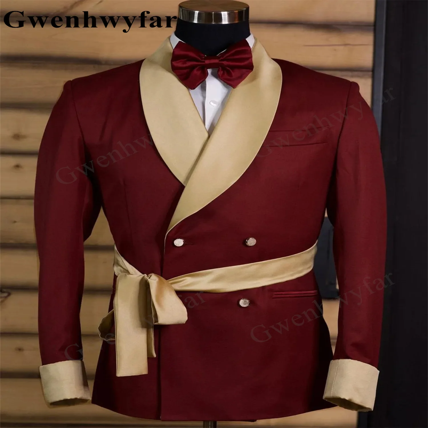 

Gwenhwyfar Men's Deep Burgundy And Gold Satin Fabric Suits Tailored 2 Pieces Blazer Black Pants Two Button Shawl Lapel Wedding