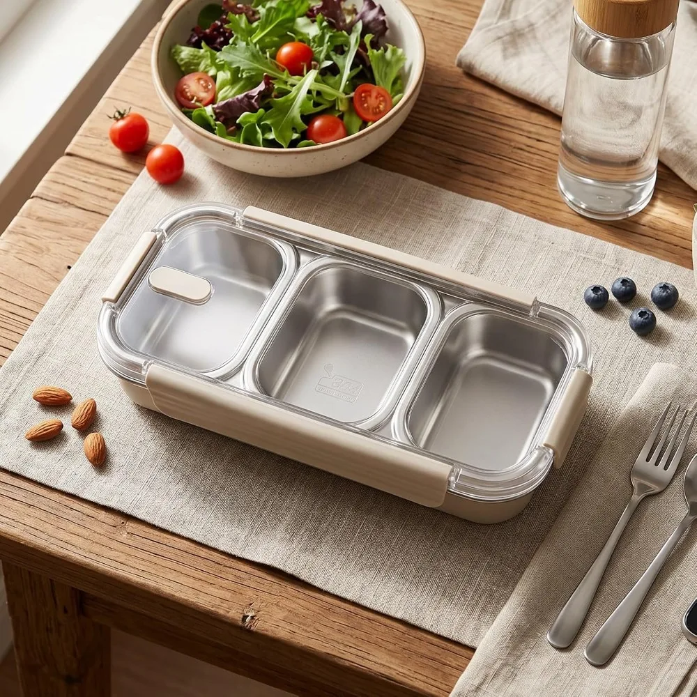 304 Stainless Steel Stainless Steel Lunch Box 25oz 3 Grid Compartments Metal Snack Box 10.63x4.53x2.36in Size Snack Container