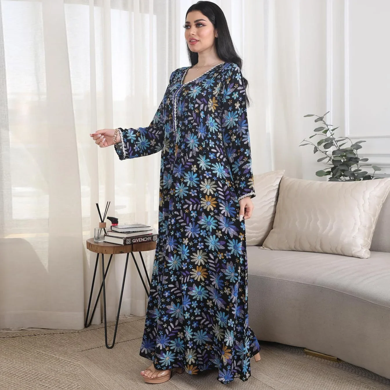 

UNI Eid Muslim Abaya Dress for Women Floral Print Diamond Jalabiya Morocco Party Dresses Kaftan Islam Vestidos Arab Robe Dubai