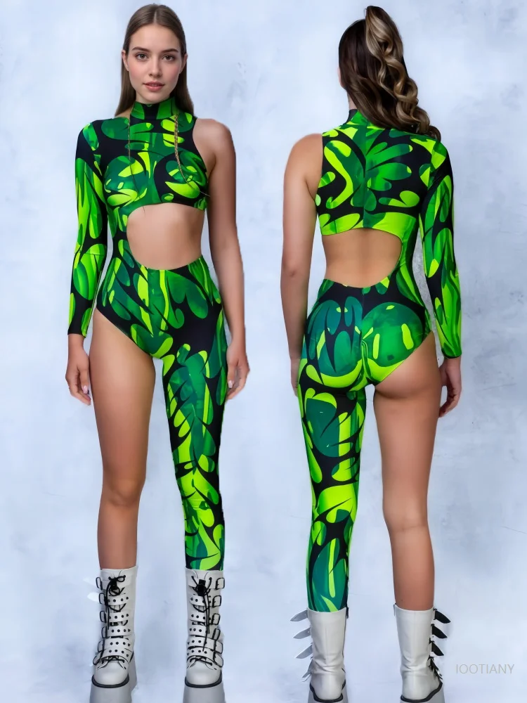 

Asymmetric Festival Bodysuit Costume Gothic Jumpsuit Women Cyberpunk Cosplay Halloween Party Performance One-armed Bodysuit Set