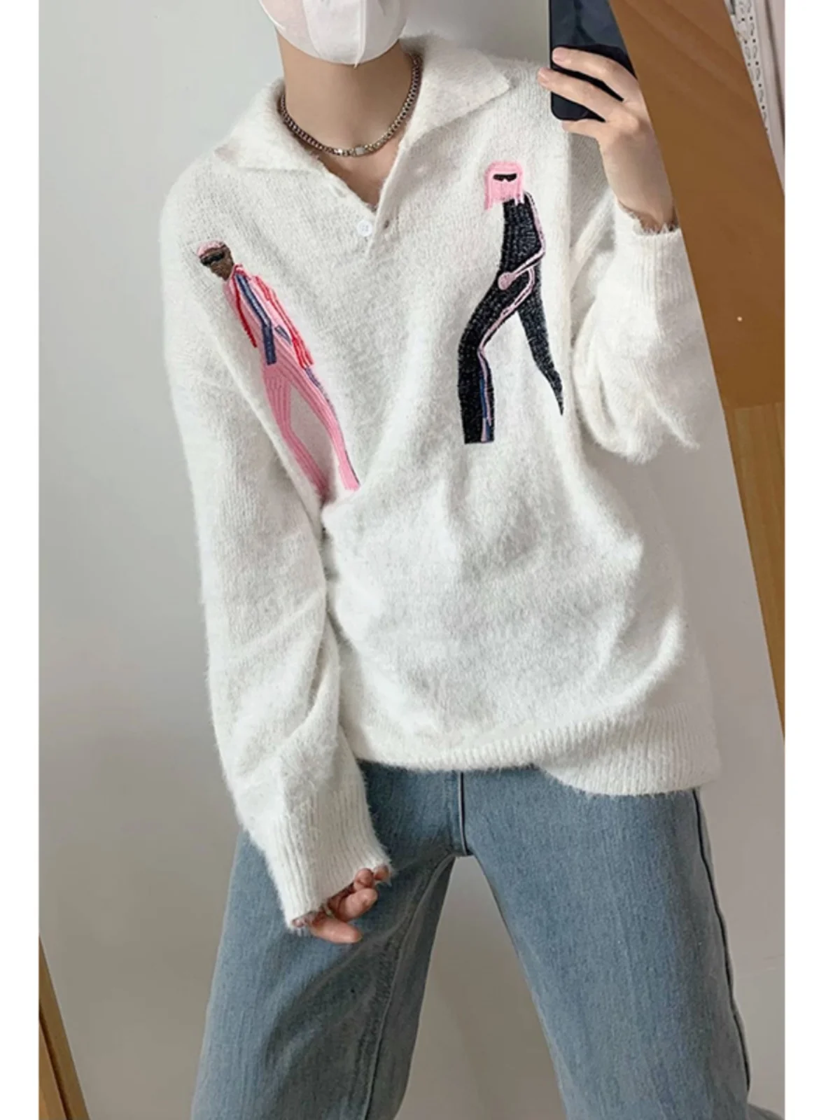 

Lu Thiened Soft Sweater Men's Trendy Brand Ins Fluffy Couple Embroidery Knitted Top Casual Loose Fit Long Sve Winter