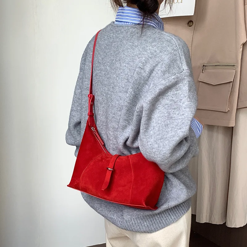 Niche Retro Style Suede Bag Anti-velvet First Layer Frosted Cowhide Dumpling Bag Genuine Leather Hobo Armpit