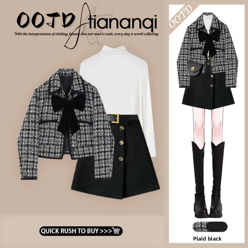 

Spring New Arrival Korean Design Plaid Jaet Loose Slimming ort Skirt Tee Piece Set Faionable Outerwear Student orm