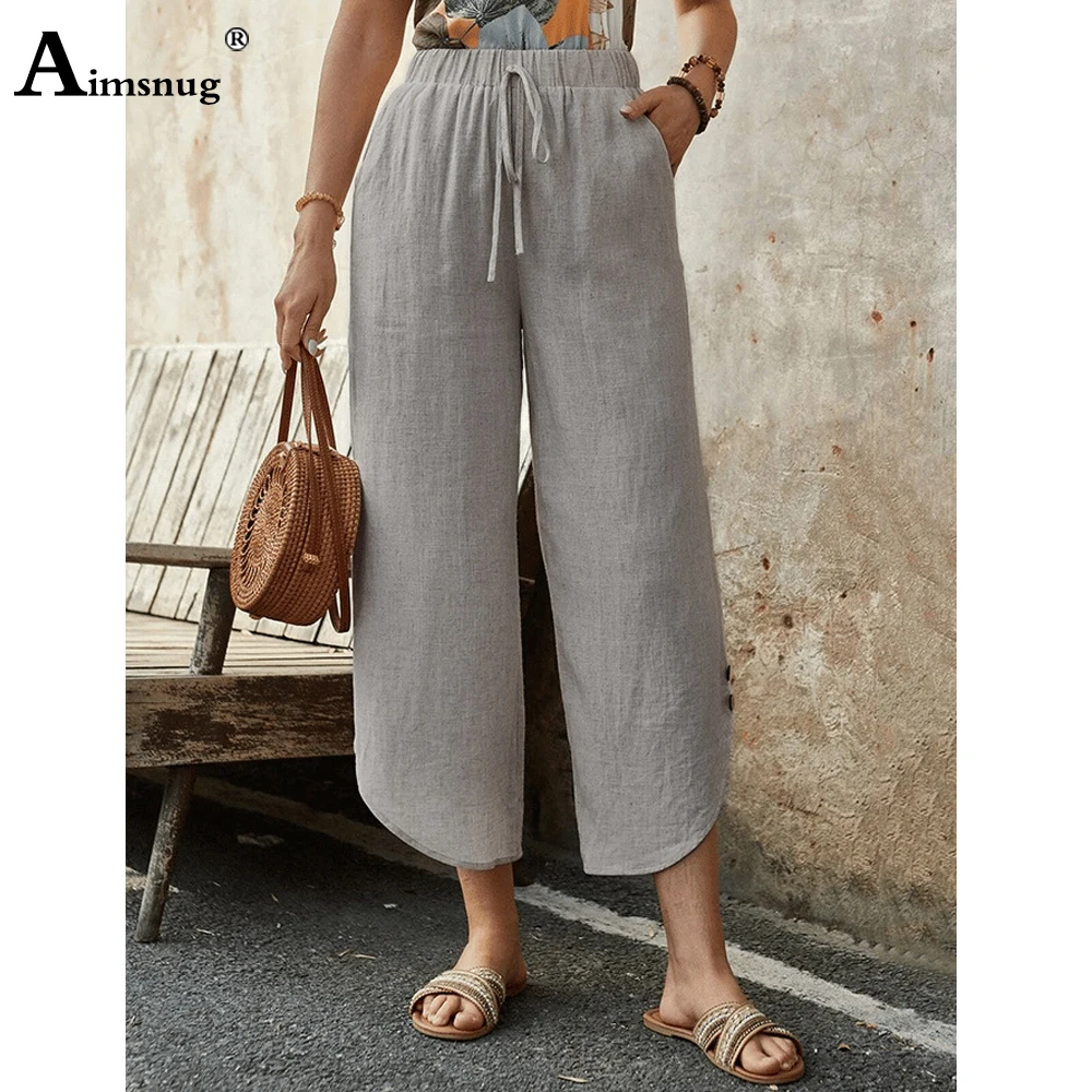 Womens Casual Linen Straight Pants Solid Apricot Stand Pocket Trousers Plus Size 3xl Women Fashion Elastic Waist Beach Pants New