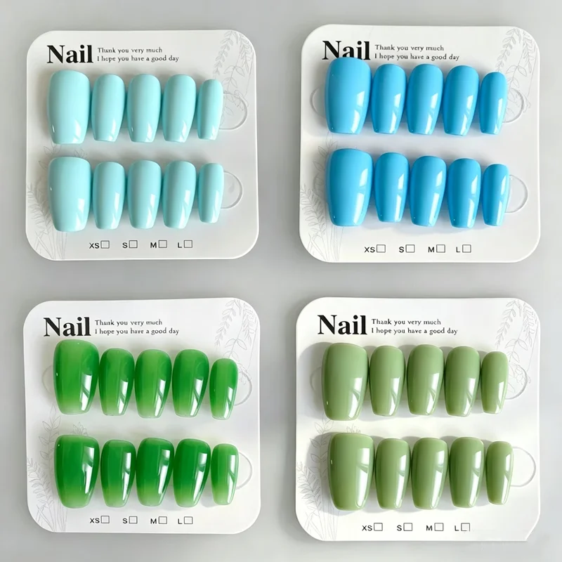 10PCS Handmade Press on Nails Green Blue False Nails Wearable Nature Reusable Luxury Grass Skyblue Manicure Girl Fake Nails Set
