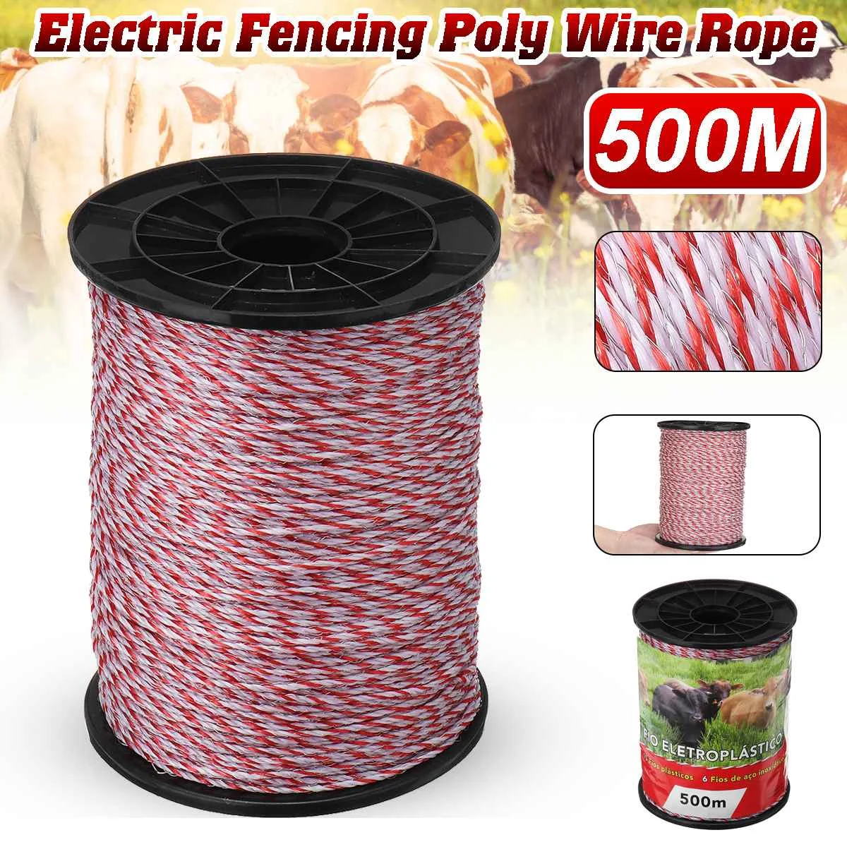 เชือกรั้วไฟฟ้าม้วนยาว500เมตรเส้นใยโพลีไวร์สีแดงขาวพร้อมเชือกโพลีเหล็กสำหรับทำรั้วสัตว์ม้าลวดต้านทานต่ำเป็นพิเศษ