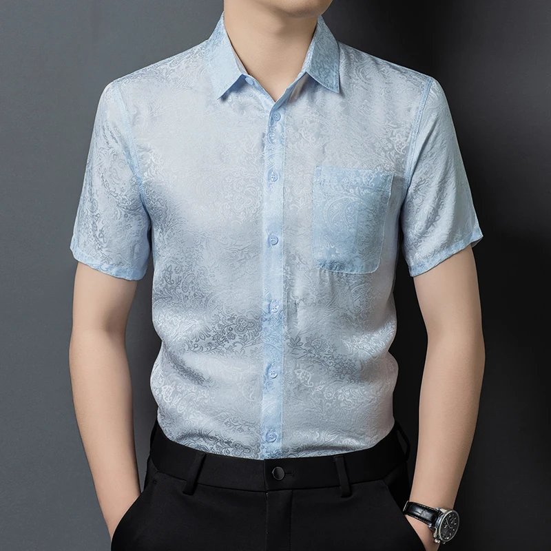 

Naturally Antibacterial Silk Shirts For Men Short Sleeve High-End Summer Lightweight Coolness Quality Pocket Lapel Chemise Homme